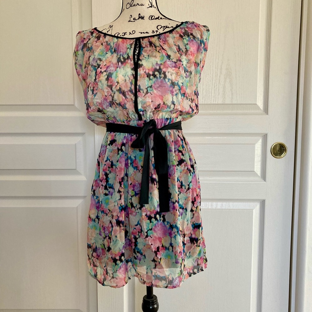 Floral Sheer Dress with Black Belt